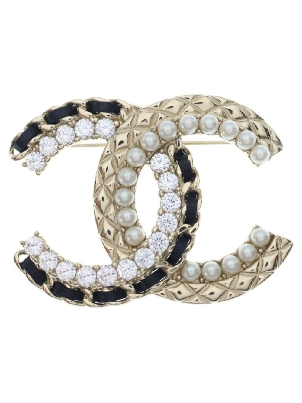 Chanel CC Logo Brooch Pin Badge Gold Pearl Leather Metal